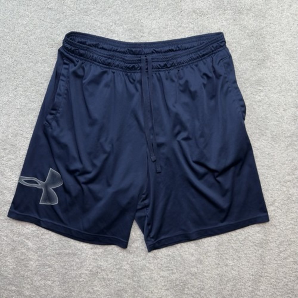 Under Armour Shorts Men's XL Navy Blue Big Logo Athletic Gym Training Drawstring